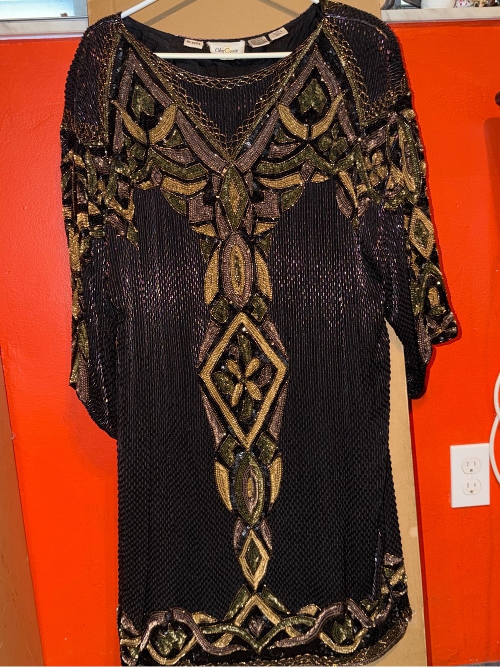 Vintage Oleg Cassini Black Midi Dress with Gold and Olive Beading